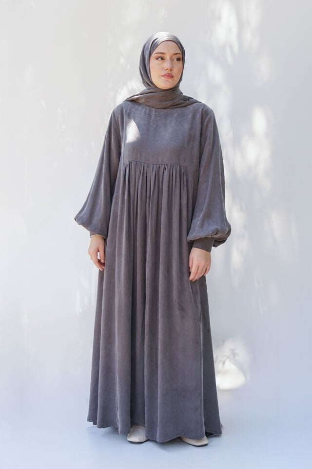 MANŞET DETAYLI KUPRA ELBİSE GRİ - 1 BEDEN 