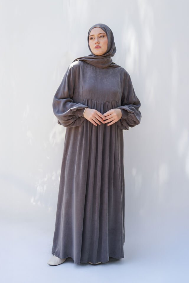 MANŞET DETAYLI KUPRA ELBİSE GRİ - 1 BEDEN 