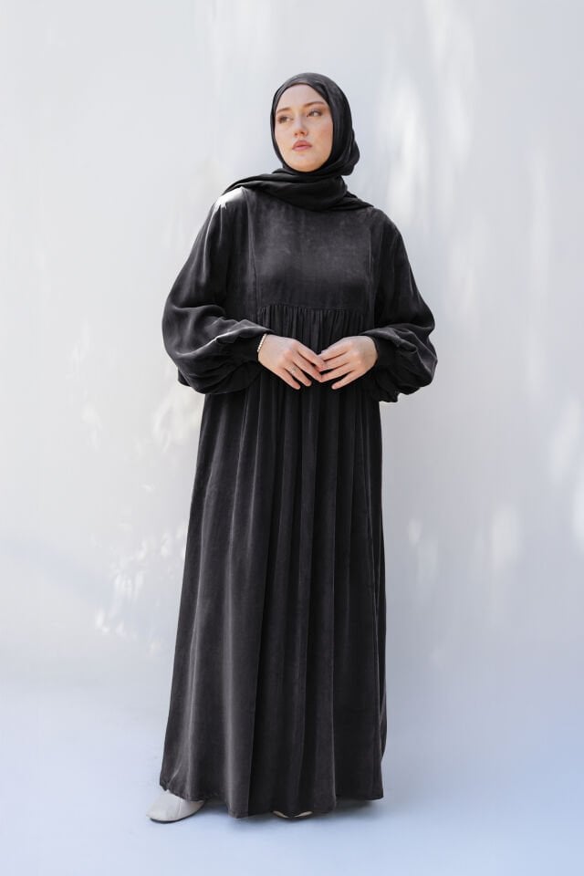 MANŞET DETAYLI KUPRA ELBİSE SİYAH - 2 BEDEN