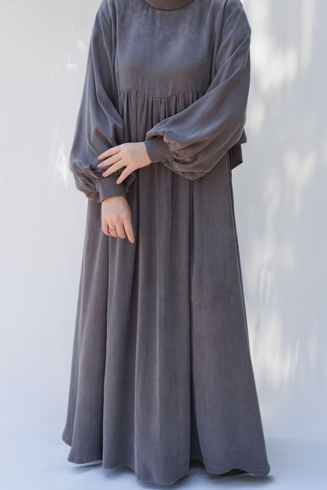 MANŞET DETAYLI KUPRA ELBİSE GRİ - 2 BEDEN