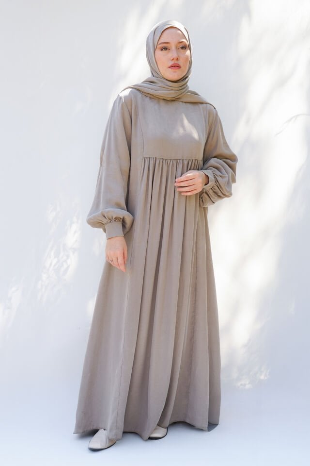 MANŞET DETAYLI KUPRA ELBİSE BEJ - 2 BEDEN