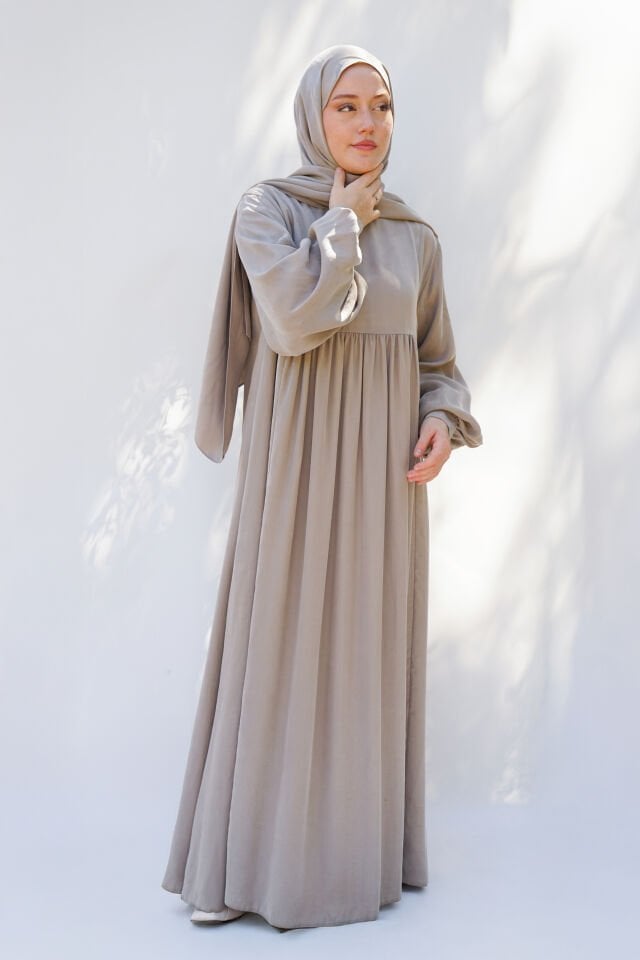 MANŞET DETAYLI KUPRA ELBİSE BEJ - 2 BEDEN