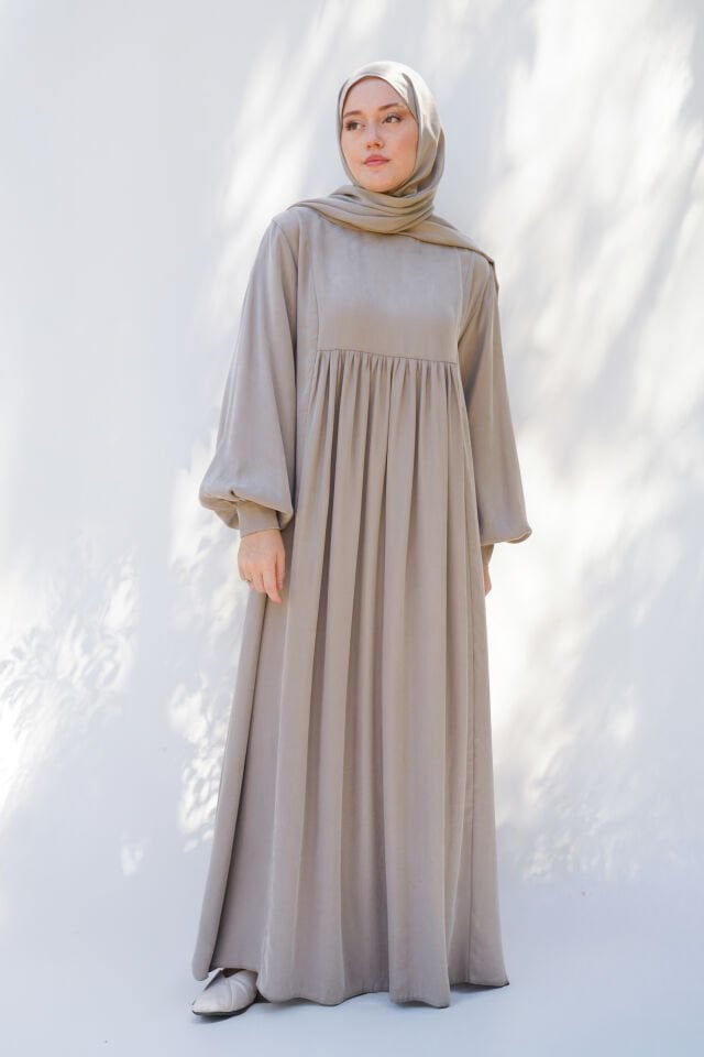 MANŞET DETAYLI KUPRA ELBİSE BEJ - 2 BEDEN