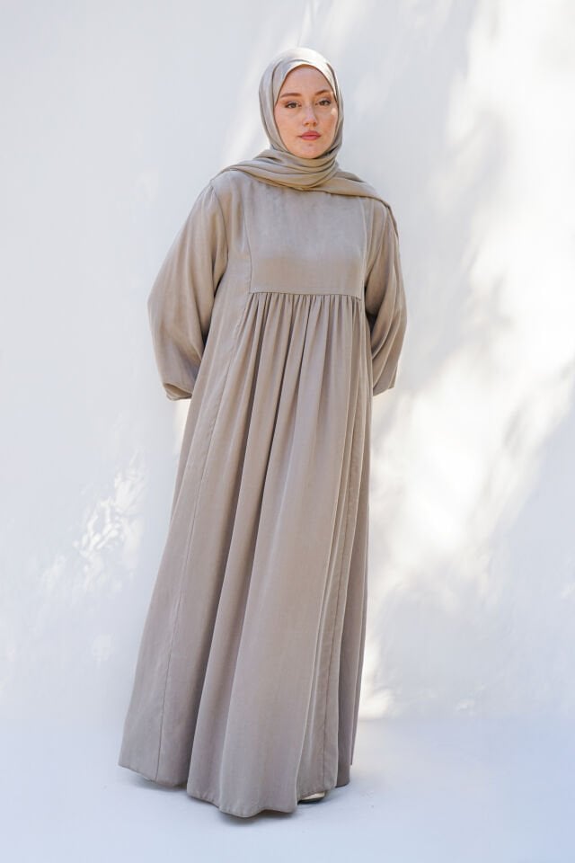 MANŞET DETAYLI KUPRA ELBİSE BEJ - 2 BEDEN