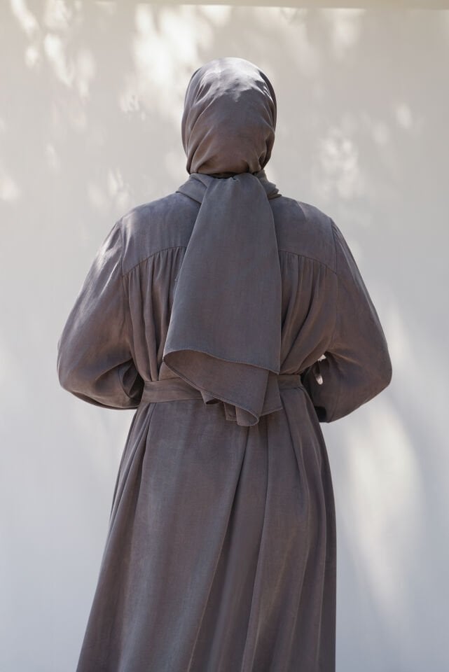 Sırt Büzgü Detaylı İpek Cupro Ferace GRİ - STANDART