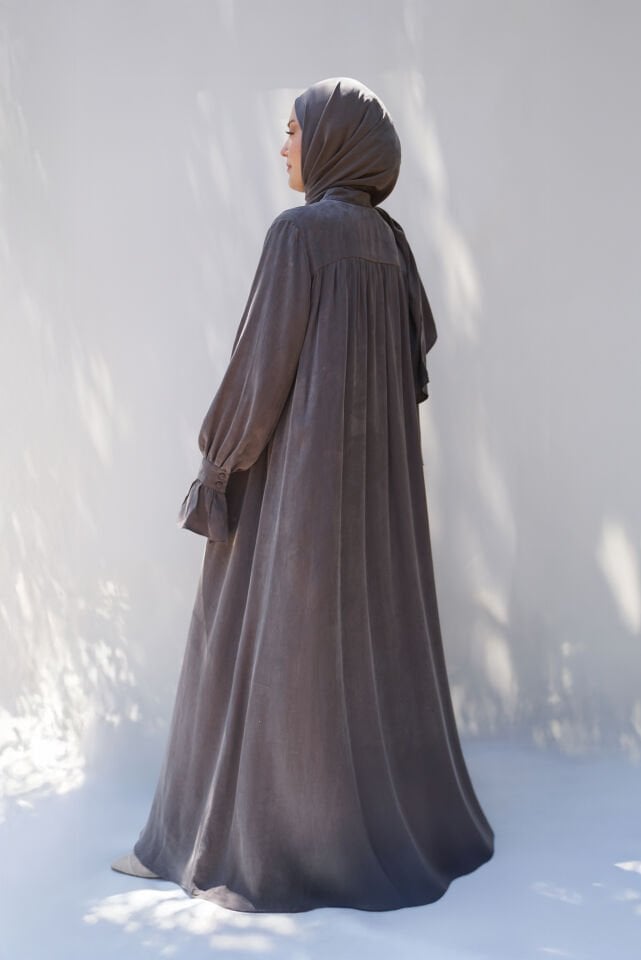 Sırt Büzgü Detaylı İpek Cupro Ferace GRİ - STANDART