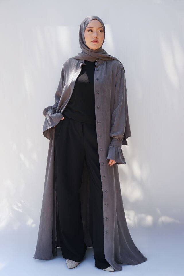 Sırt Büzgü Detaylı İpek Cupro Ferace GRİ - STANDART