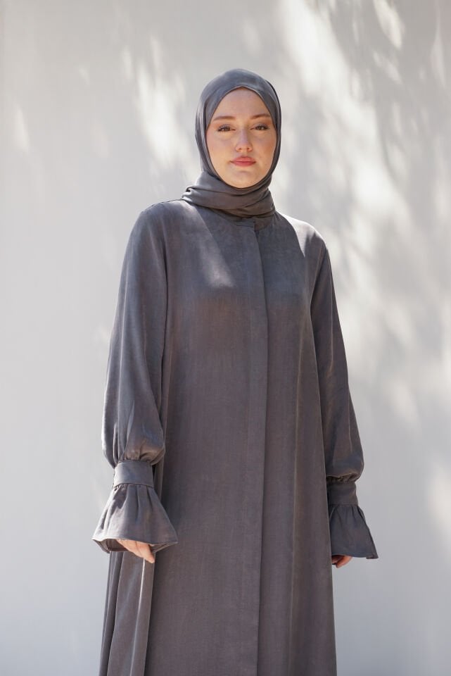 Sırt Büzgü Detaylı İpek Cupro Ferace GRİ - STANDART