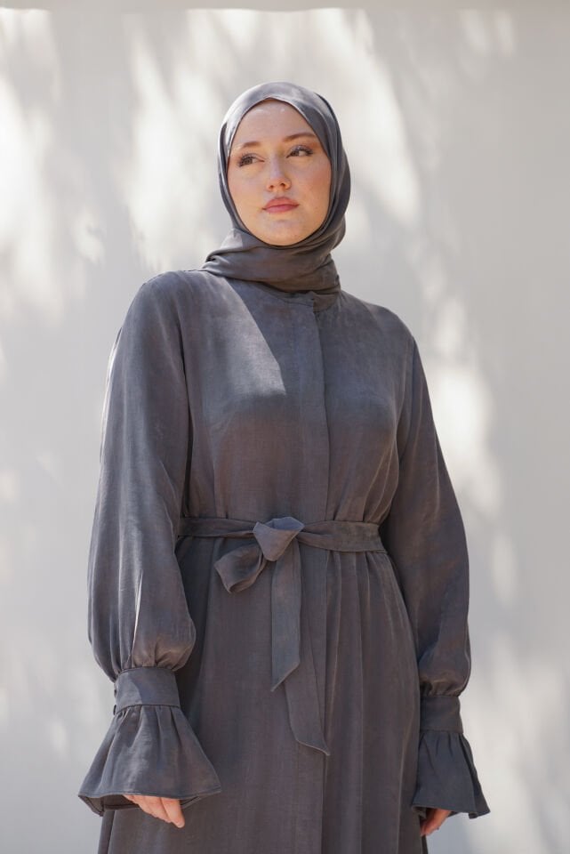 Sırt Büzgü Detaylı İpek Cupro Ferace GRİ - STANDART