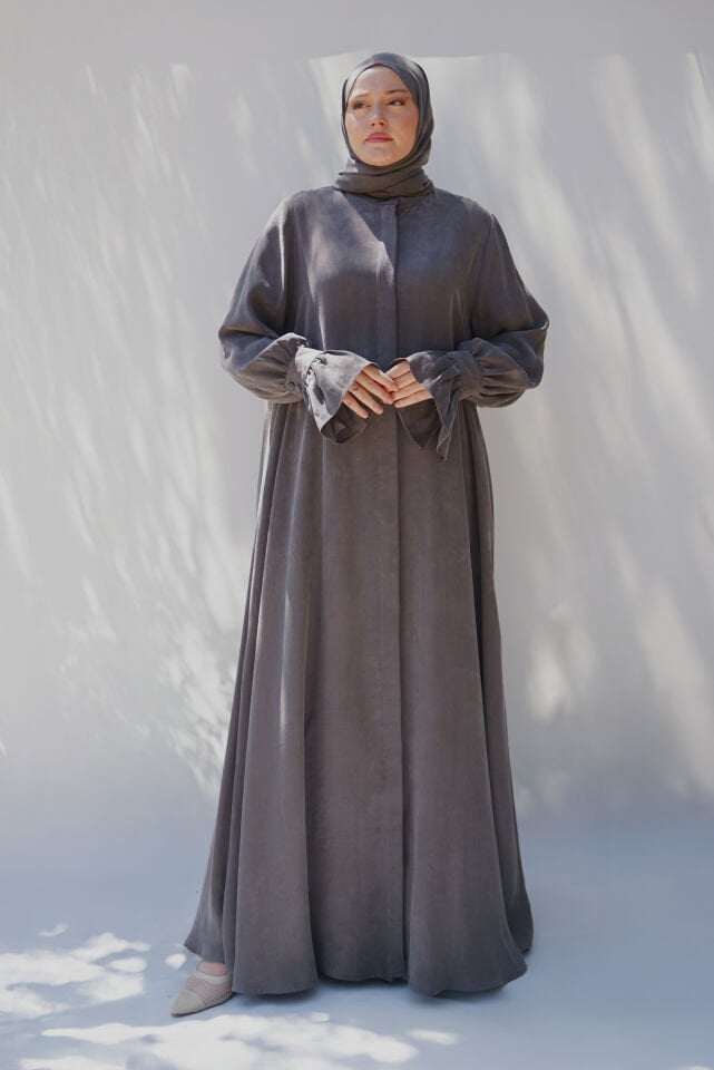 Sırt Büzgü Detaylı İpek Cupro Ferace GRİ - STANDART