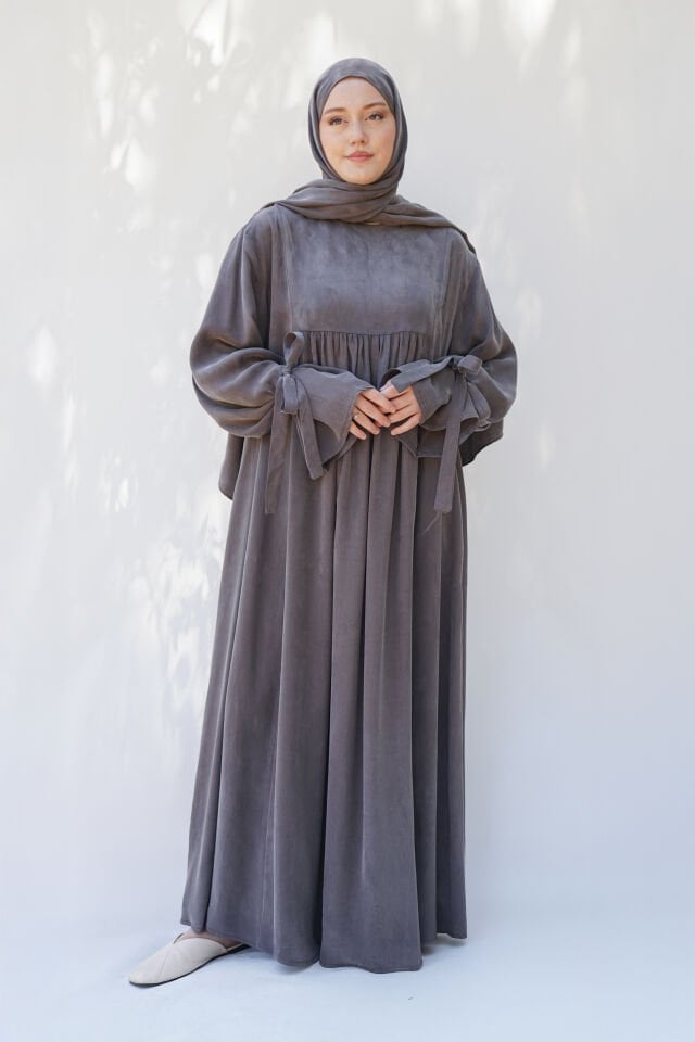 BAĞLAMA DETAYLI ELBİSE GRİ - 1 BEDEN