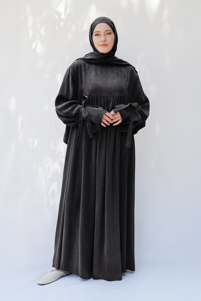 BAĞLAMA DETAYLI ELBİSE SİYAH - 2 BEDEN