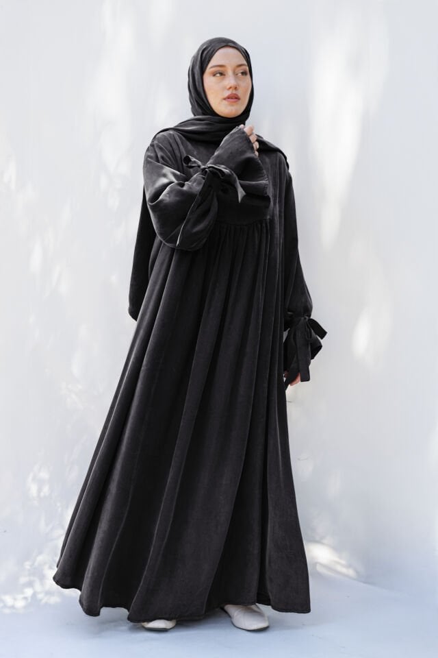 BAĞLAMA DETAYLI ELBİSE SİYAH - 2 BEDEN