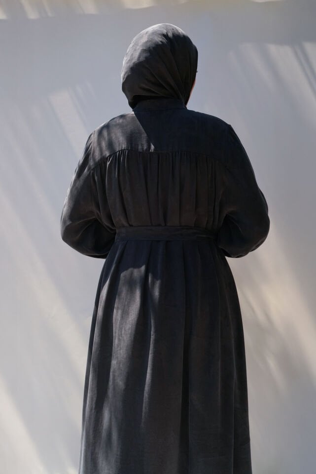 Sırt Büzgü Detaylı İpek Cupro Ferace SİYAH - STANDART