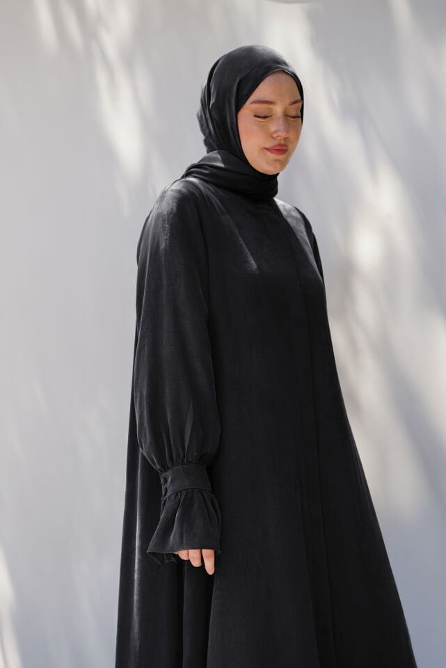 Sırt Büzgü Detaylı İpek Cupro Ferace SİYAH - STANDART