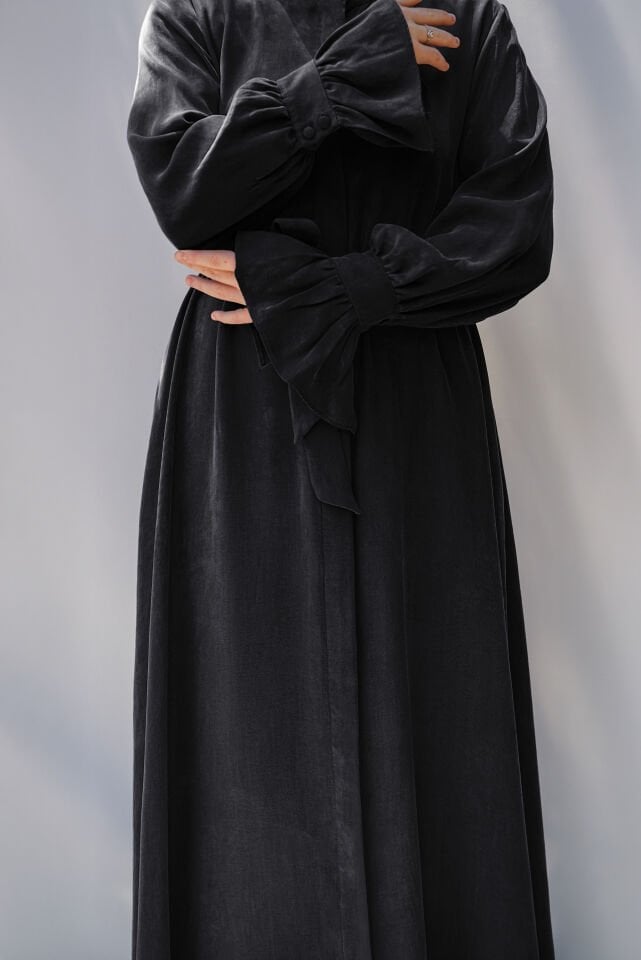 Sırt Büzgü Detaylı İpek Cupro Ferace SİYAH - STANDART