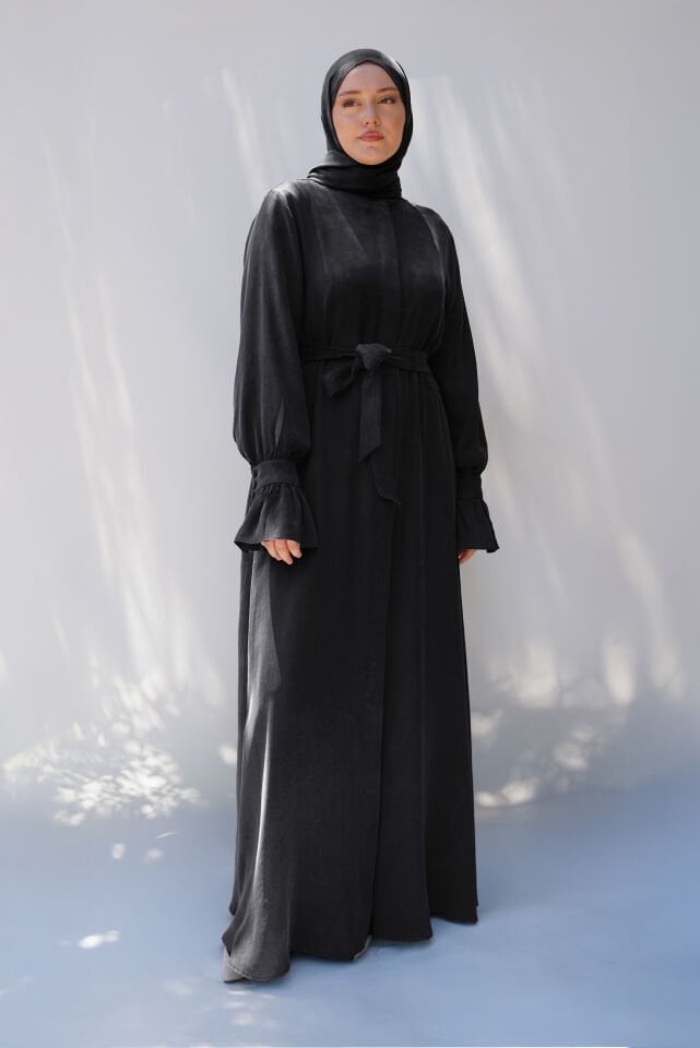 Sırt Büzgü Detaylı İpek Cupro Ferace SİYAH - STANDART