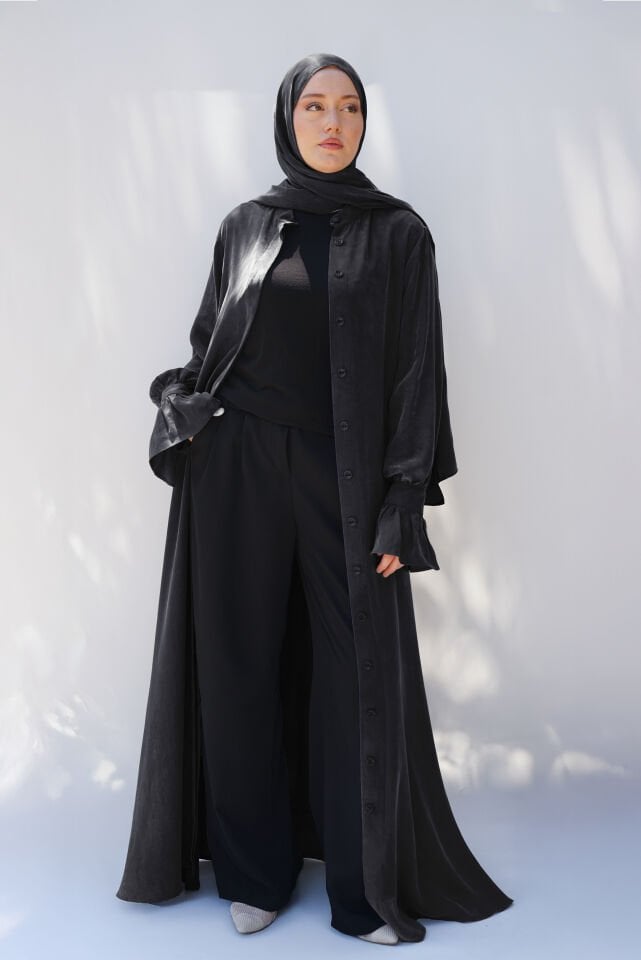 Sırt Büzgü Detaylı İpek Cupro Ferace SİYAH - STANDART