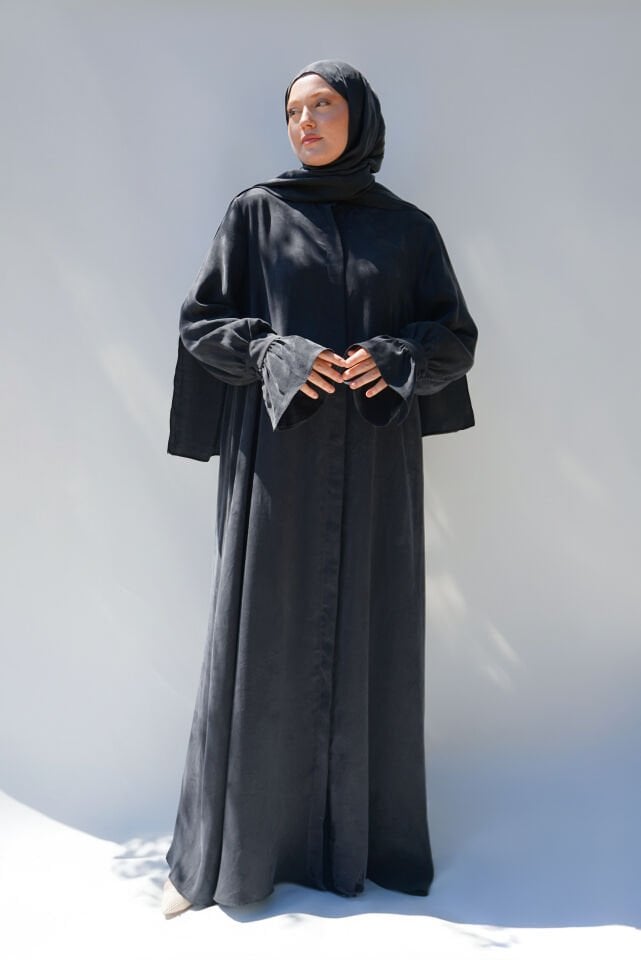 Sırt Büzgü Detaylı İpek Cupro Ferace SİYAH - STANDART