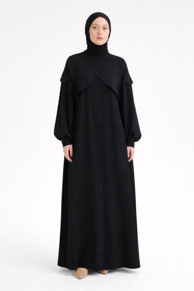 Cep Detaylı Lyocell Elbise SİYAH - 2 BEDEN