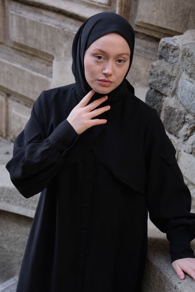 Cep Detaylı Lyocell Elbise SİYAH - 2 BEDEN