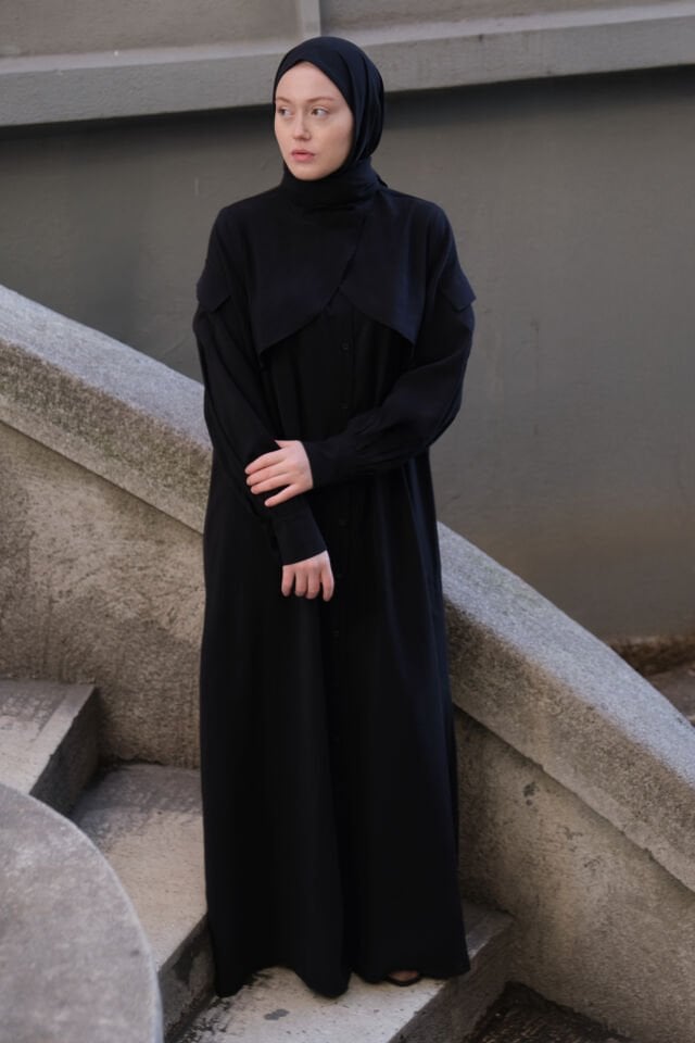 Cep Detaylı Lyocell Elbise SİYAH - 2 BEDEN