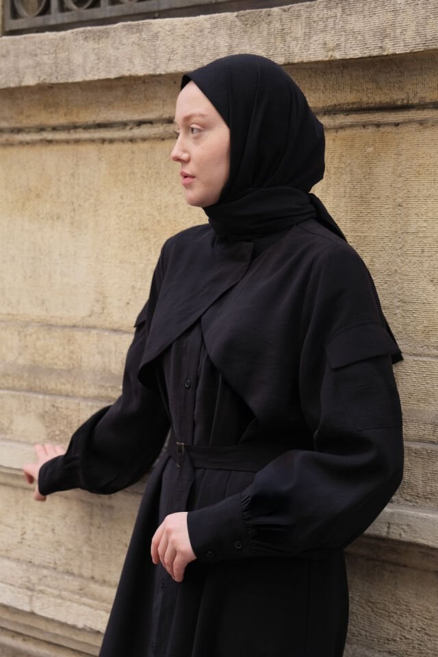 Cep Detaylı Lyocell Elbise SİYAH - 2 BEDEN