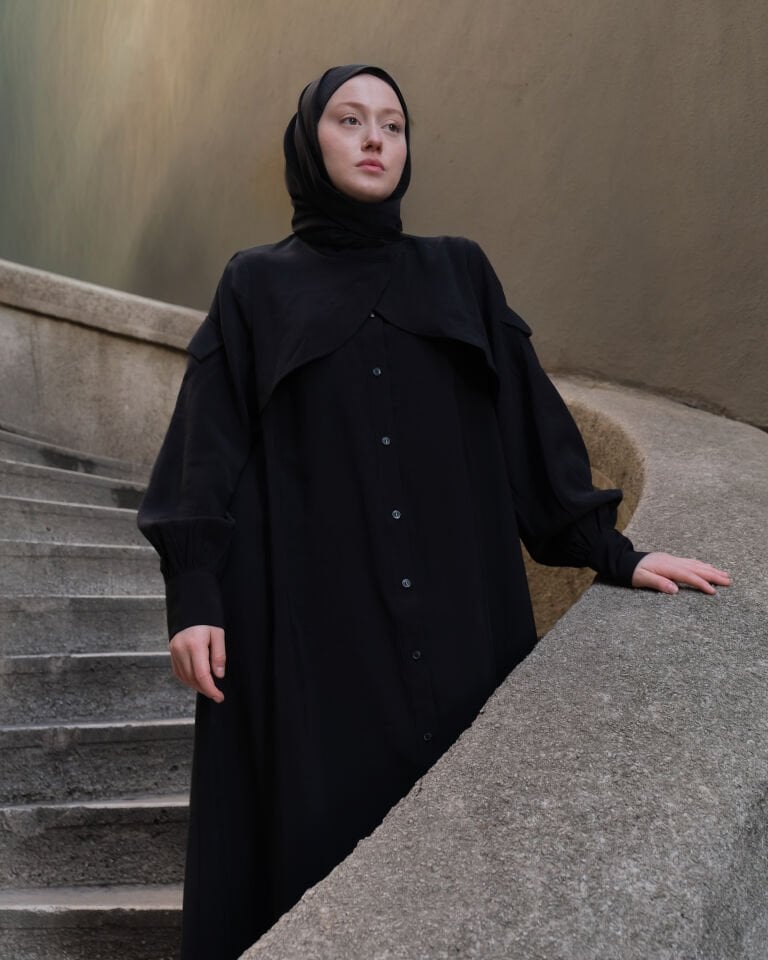 Cep Detaylı Lyocell Elbise SİYAH - 2 BEDEN