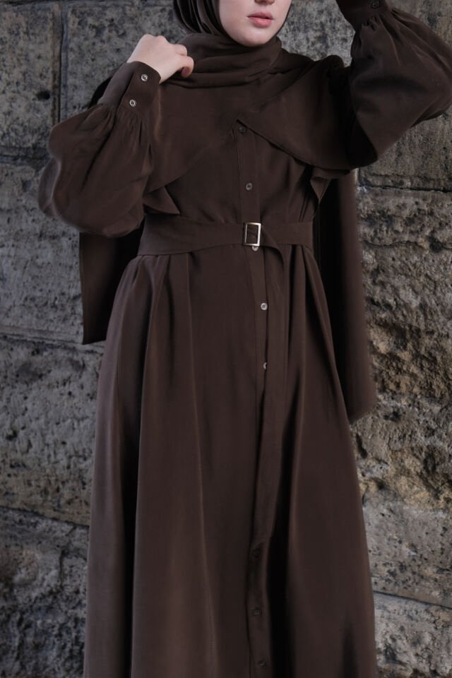 Cep Detaylı Lyocell Elbise KAHVERENGİ - 2 BEDEN