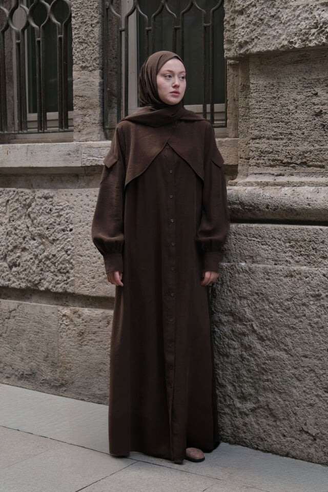 Cep Detaylı Lyocell Elbise KAHVERENGİ - 2 BEDEN